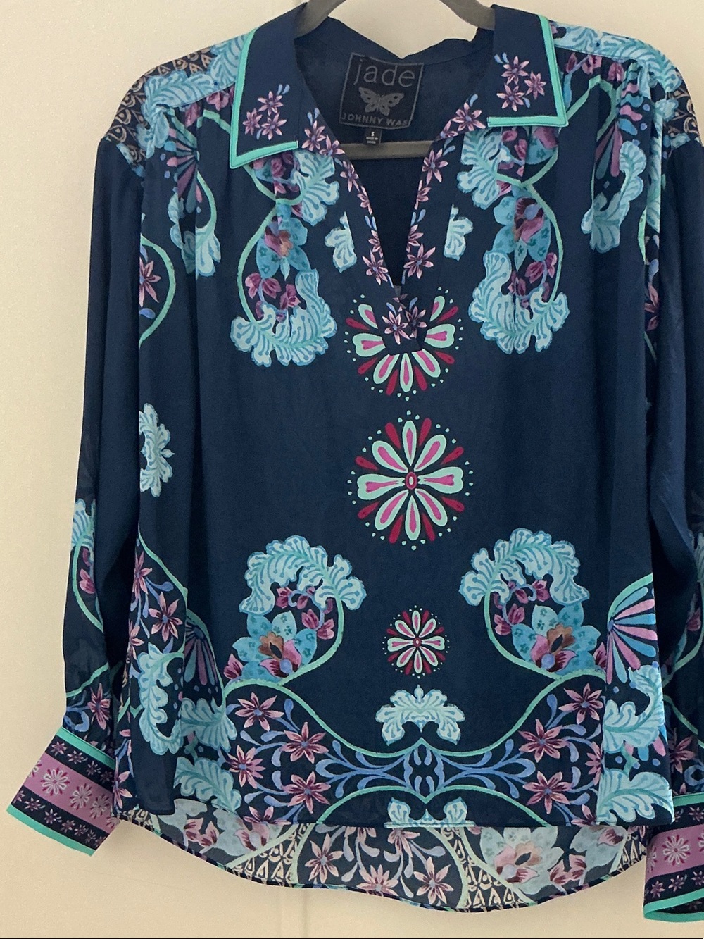 Johnny Was Navy Floral Medallion Tunic with Teal & Pink Accents
